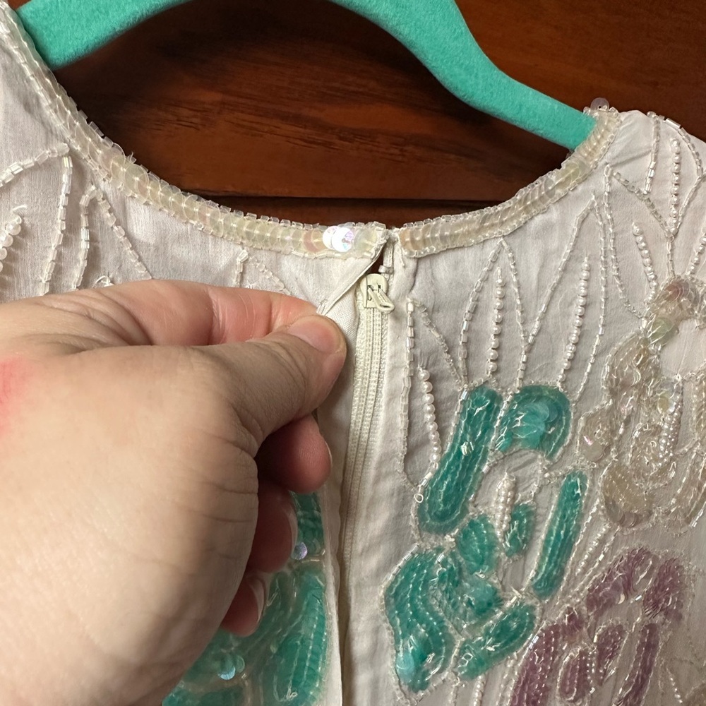 Vintage Floral Sequined Embroidered Teal, Pink & White Blouse - Picture 10 of 10